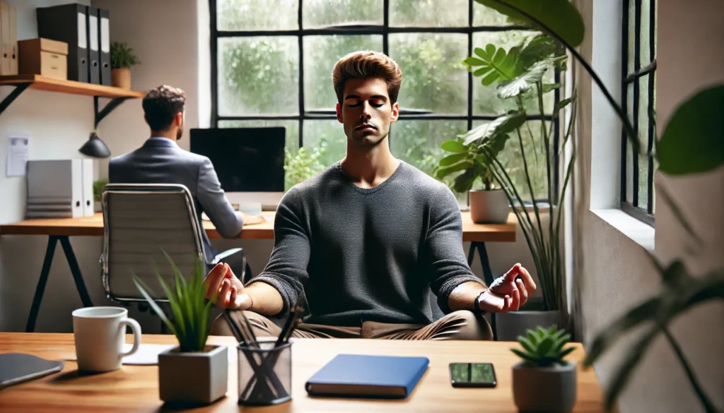 An individual practicing mindfulness at their desk in a calming workspace with plants and natural lighting, showcasing techniques to manage job anxiety.