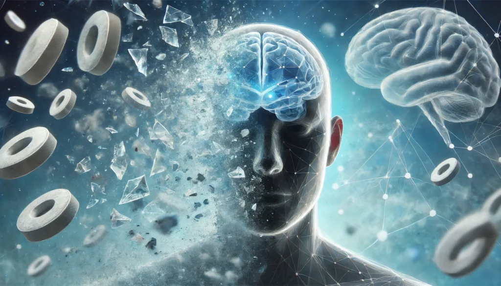 A symbolic representation of Klonopin's impact on memory. A person's head appears transparent, with fragments of memories floating away like shattered glass. The background features a soft blue haze representing sedation and cognitive fog, with disconnected neural pathways symbolizing memory disruption.