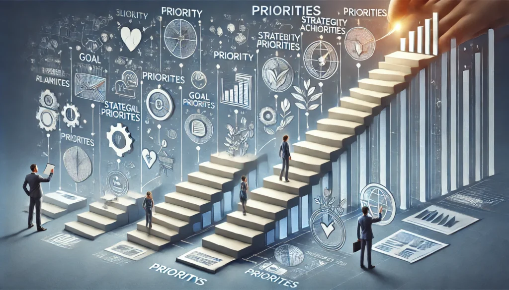 Concept illustration of a staircase with each step representing different priority levels, symbolizing the progression of completing a list of priorities with elements of growth and strategic planning