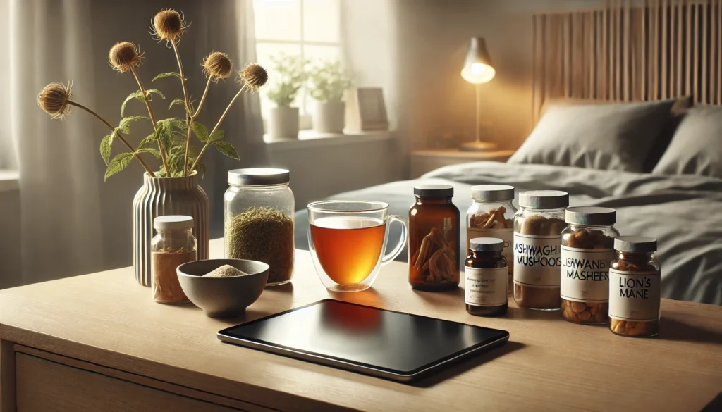 Minimalist bedroom desk setup with a modern tablet, a cup of herbal tea, and jars of natural nootropic supplements like Ashwagandha and Lion's Mane mushrooms, creating a calming atmosphere with soft natural light.