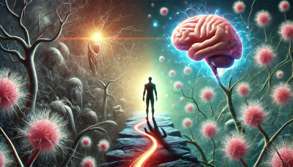 A surreal depiction of Lisinopril's effects on cognitive function, showing a human figure standing in a landscape of floating neurons. A glowing pathway connects the heart and brain, with one side dark and fragmented while the other is well-lit and structured, symbolizing improved circulation and mental clarity.