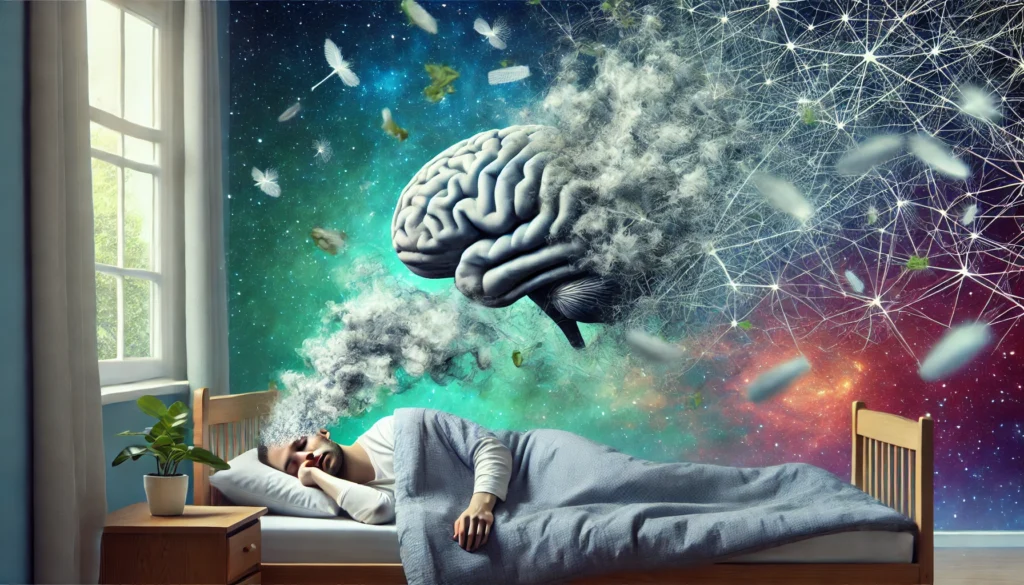 A conceptual image of a person lying in bed, their head dissolving into a fragmented maze of neurons and fog. The dreamlike background blends a cosmic galaxy with vanishing memories, representing the cognitive impact of Lunesta.