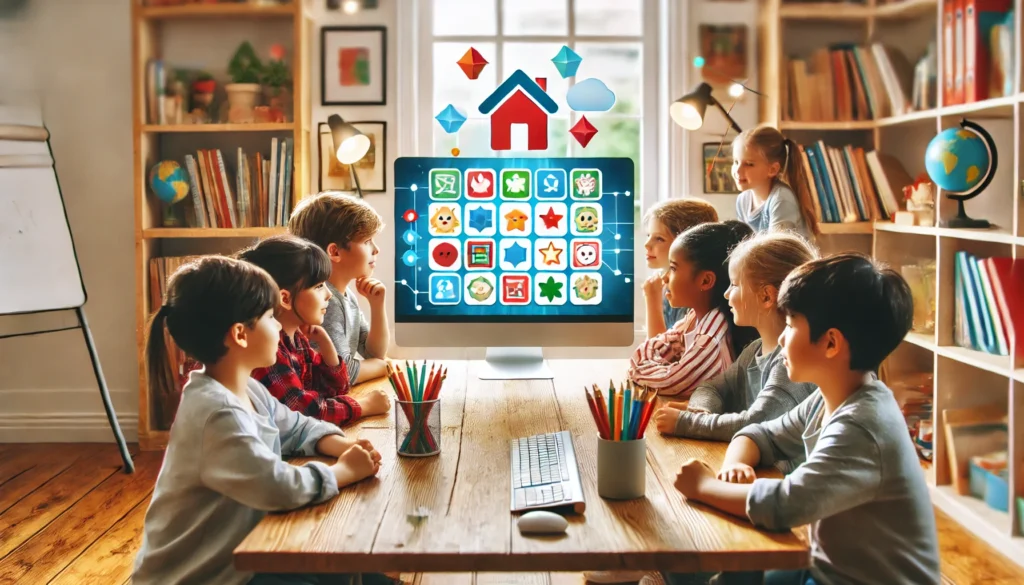 Children gathered around a computer, immersed in an online matching game with vibrant icons, set in a cozy study area with bookshelves and a playful atmosphere, highlighting matching games online.