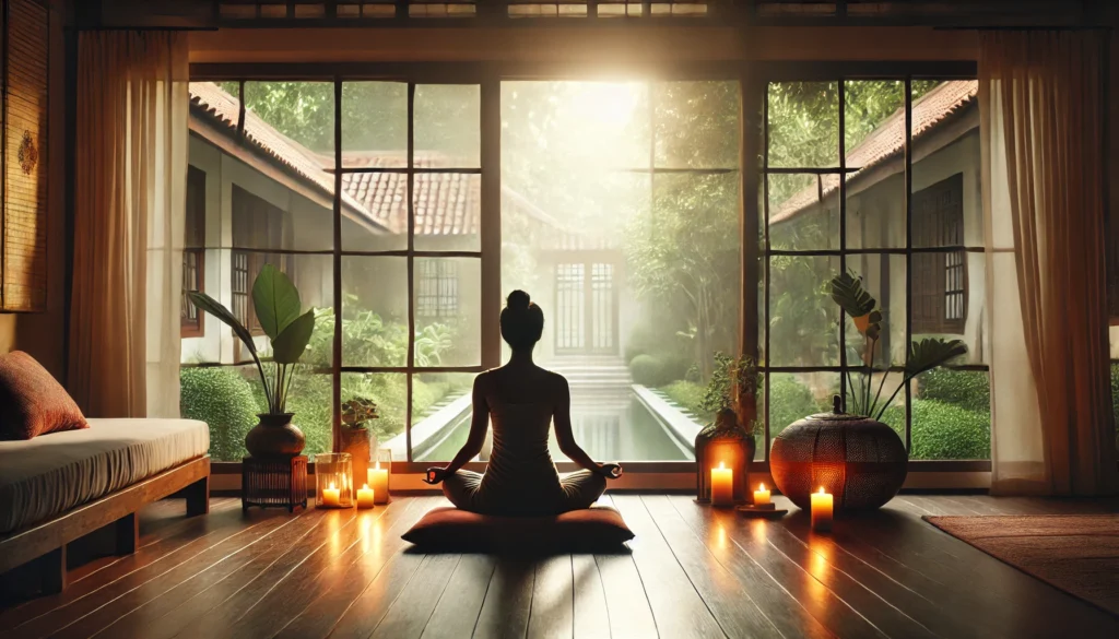 A peaceful indoor meditation space with a person practicing mindfulness. Soft natural light illuminates the room, surrounded by candles and plants. This tranquil environment represents how to quiet your mind in a calming indoor setting.