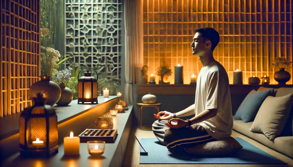 A dedicated indoor meditation space featuring soft lighting, candles, and a comfortable cushion. The individual is sitting in a relaxed posture with eyes closed, practicing mindfulness in a calming environment, reinforcing what to do during meditation.