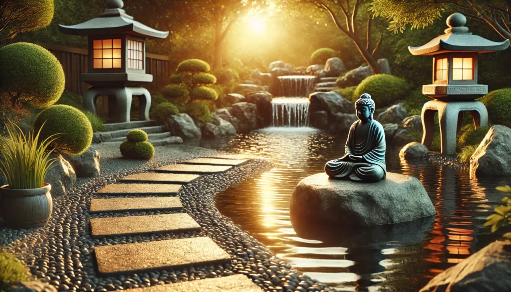 A tranquil Zen garden at sunset, featuring a meditation space with a stone path, a small waterfall, and a meditating figure on a rock amidst golden light.