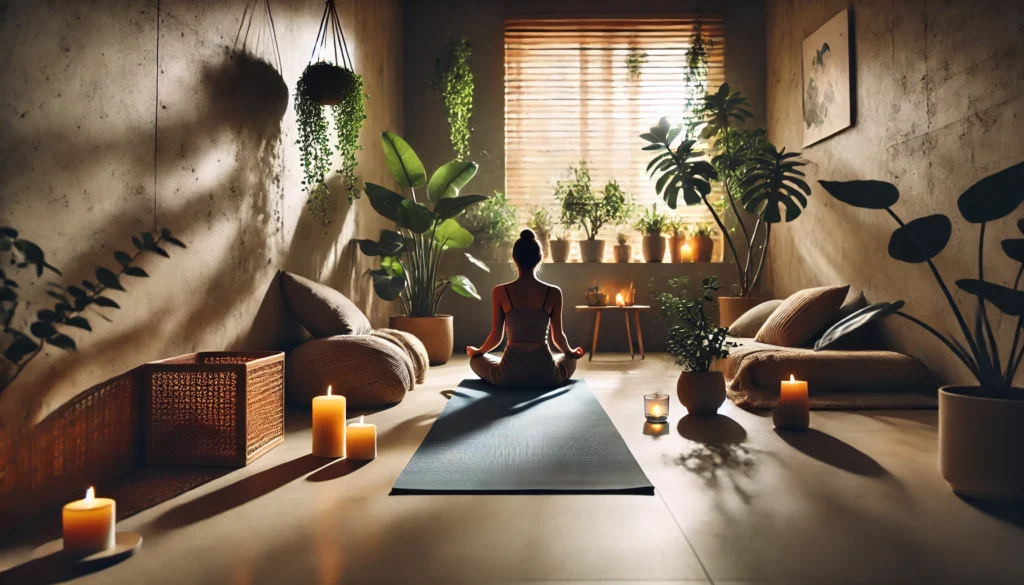 A tranquil indoor yoga session in a minimalist room with natural light, featuring a person meditating on a yoga mat surrounded by potted plants and candles.