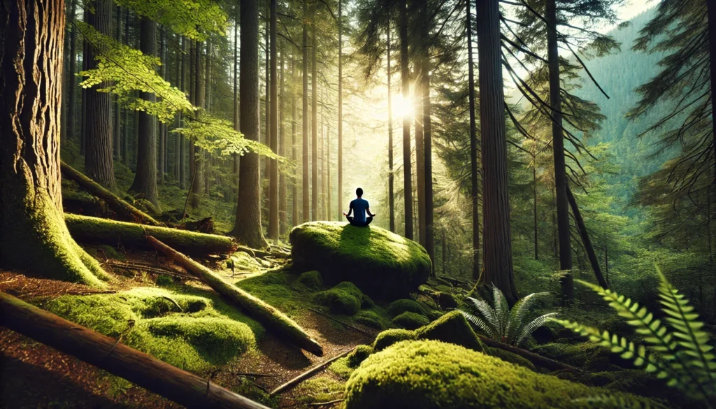 A person meditating on a moss-covered rock in a serene forest, surrounded by tall trees and dappled sunlight filtering through the canopy. The tranquil setting reflects deep contemplation and harmony with nature.