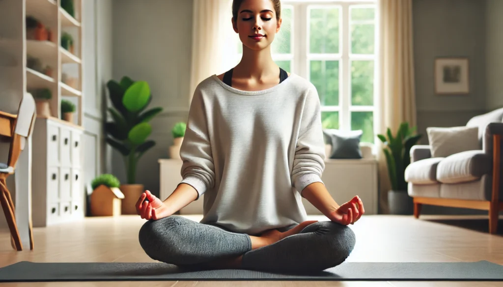 Close-up of a person meditating with a calm expression indoors, highlighting mindfulness practice in a peaceful home setting.