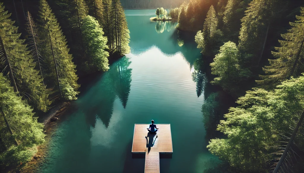 Aerial view of a serene lakeside meditation scene, with a person on a dock surrounded by calm water and lush greenery, symbolizing stress relief.