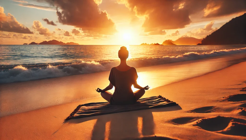 A peaceful beach meditation scene at sunset, featuring a person in a meditative pose by the ocean, evoking relaxation and balance.