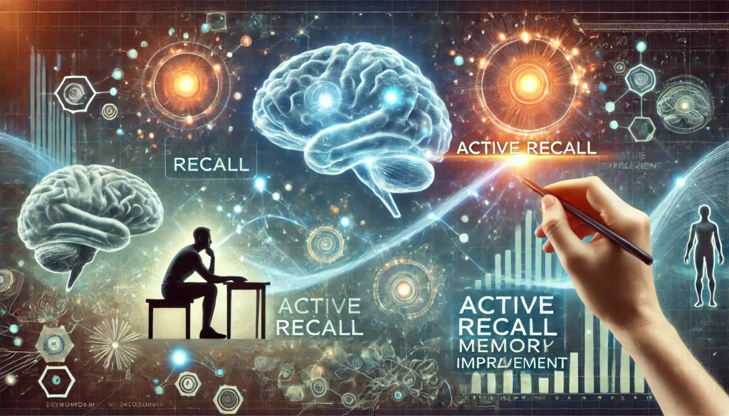 Representation of how to improve recall using active recall techniques, with a person engaging in cognitive exercises and glowing neural pathways