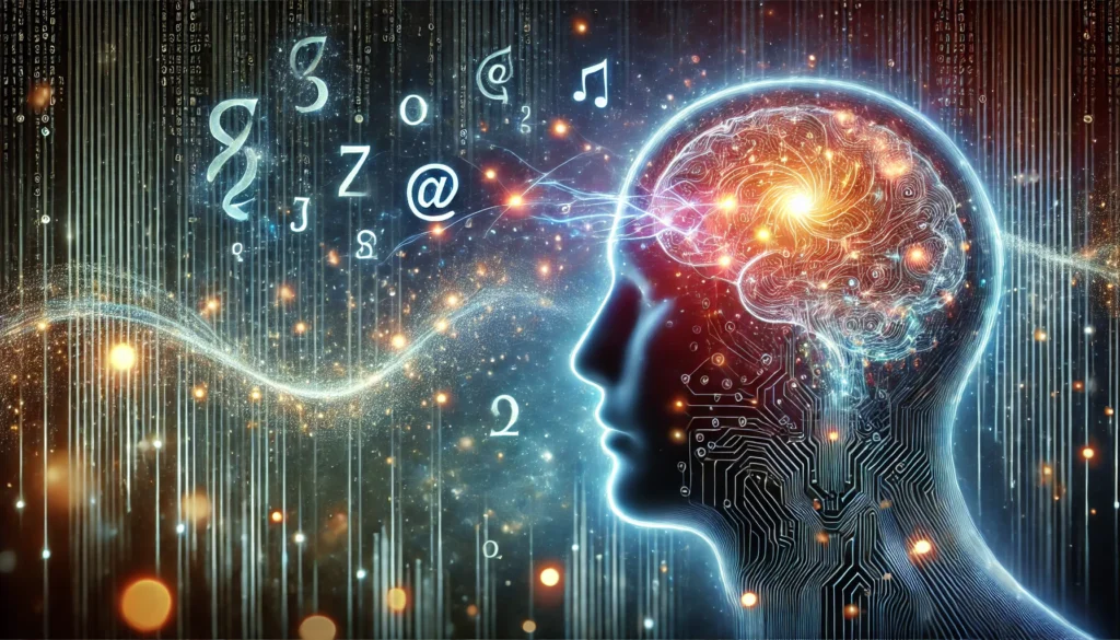 Artistic rendering of how to improve recall through effective encoding, with glowing symbols and abstract data streams entering the brain