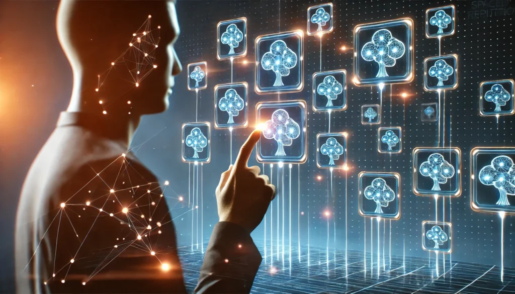 Futuristic visualization of how to improve recall using spaced repetition, showing digital memory nodes connected by glowing lines