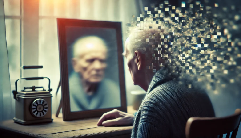 An elderly person gazing at their reflection in a mirror, but the reflection appears blurred or fragmented, representing confusion and memory loss. The melancholic lighting emphasizes forgetfulness.