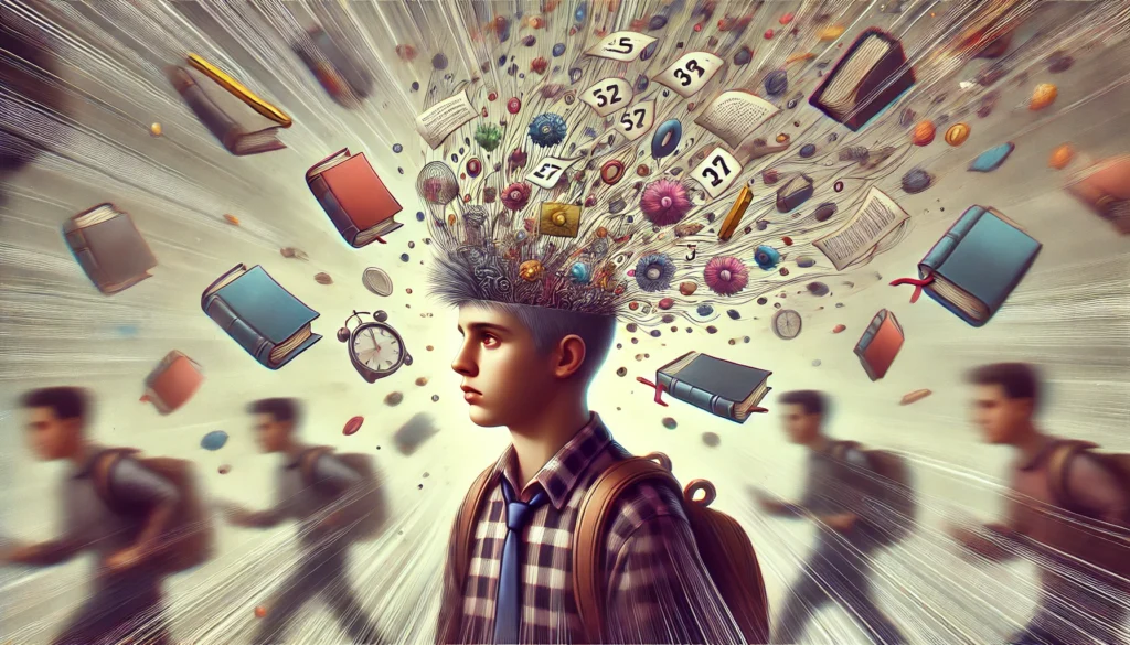 A surreal illustration of a teenage student with floating memory fragments around their head, symbolizing forgetfulness and cognitive overload. The background is blurred, representing distractions from social media, academic stress, and mental health challenges.