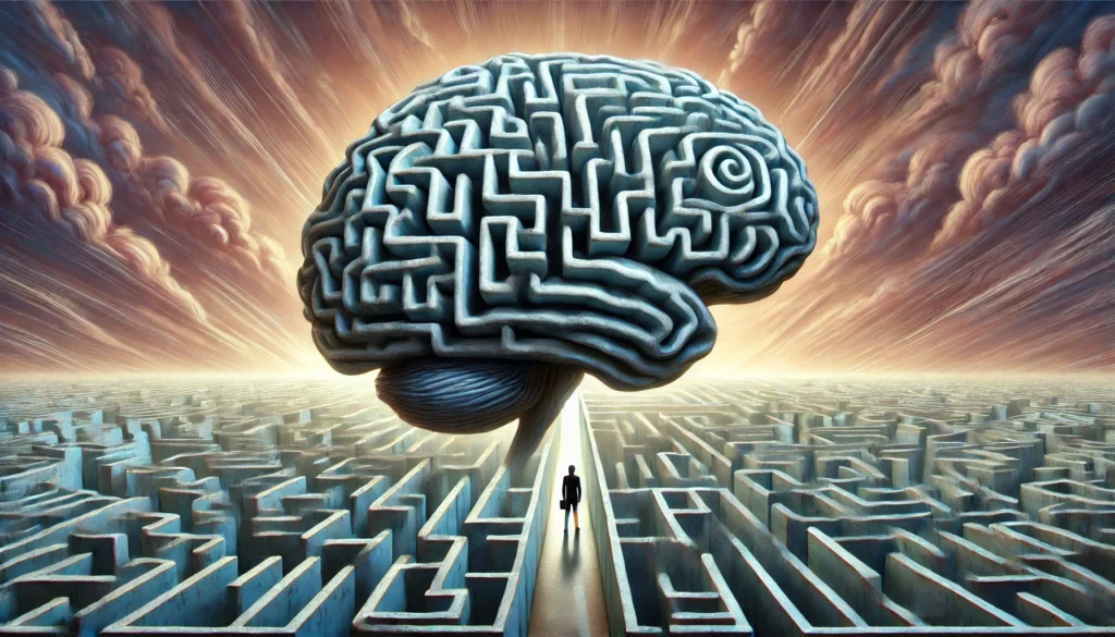 A surreal depiction of memory processing disorder symptoms, featuring a human figure standing in a maze-like brain structure, struggling to find their way out. Some pathways are missing or fading, symbolizing difficulty in recalling and processing information.