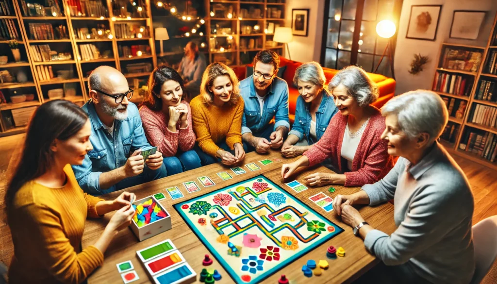 A group of adults collaborating on a memory training board game at a table with colorful pieces and cards, set in a cozy living room with bookshelves and warm lighting, emphasizing memory training.