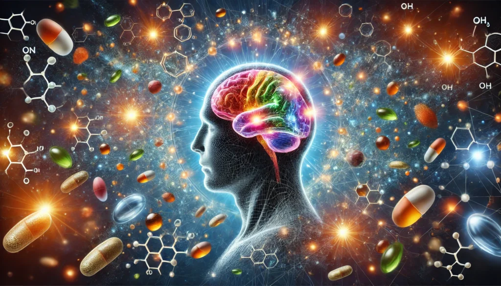 An artistic depiction of the human brain surrounded by glowing visuals of vitamins and supplements, including omega-3 molecules and antioxidants, highlighting their role in supporting memory for elderly individuals.