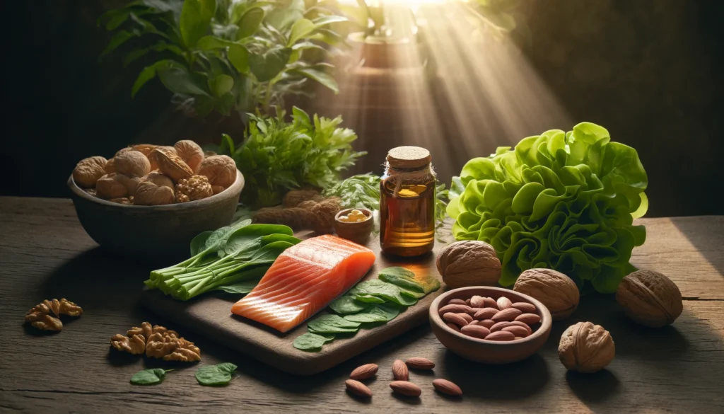 A calming display of natural sources of memory-boosting vitamins, including salmon, walnuts, leafy greens, and a small bottle of supplements, arranged on a rustic table with natural sunlight streaming in.