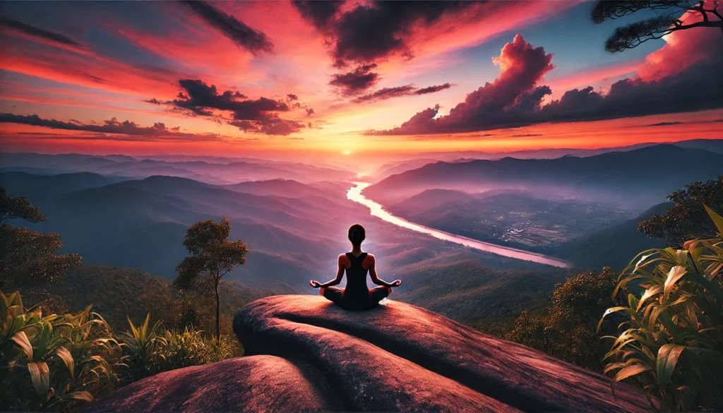 A person practicing yoga on a mountain plateau at sunset, overlooking a vast valley, symbolizing mindfulness and the pursuit of inner tranquility.