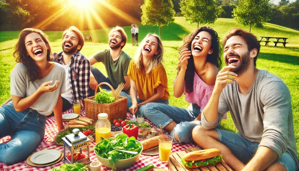 Friends laughing together during a vibrant picnic in a sunny park, demonstrating the power of social interaction to elevate mood.