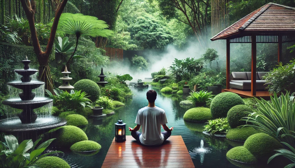 A tranquil meditation garden with a person practicing mindfulness and deep breathing exercises, set amid lush greenery and soothing water features. This visual highlights relaxation therapy for pain relief through stress reduction techniques.