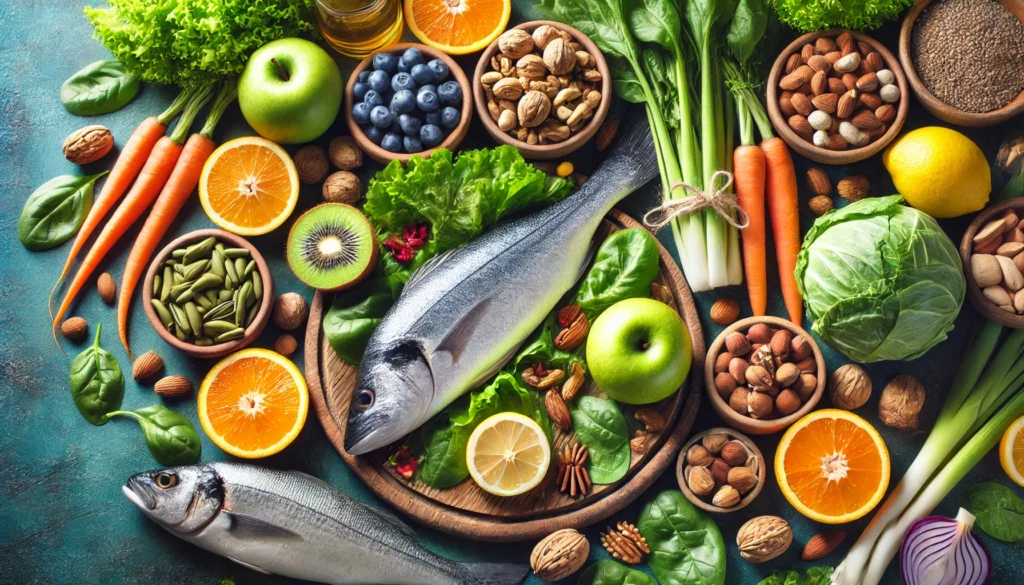 A vibrant assortment of fresh foods rich in vitamins and nutrients, including leafy greens, nuts, fish, and citrus fruits, supporting mental health as natural antidepressants.