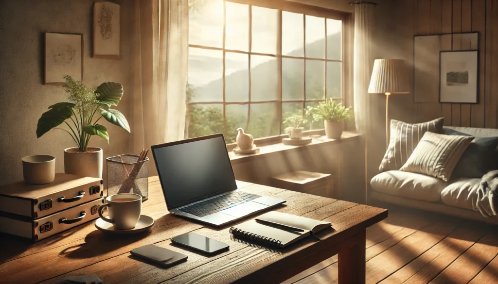 A peaceful home workspace featuring a minimalist desk with a laptop, notebook, and a cup of coffee, bathed in natural light from a large window with a scenic view of nature, conveying focus and motivation for productivity."