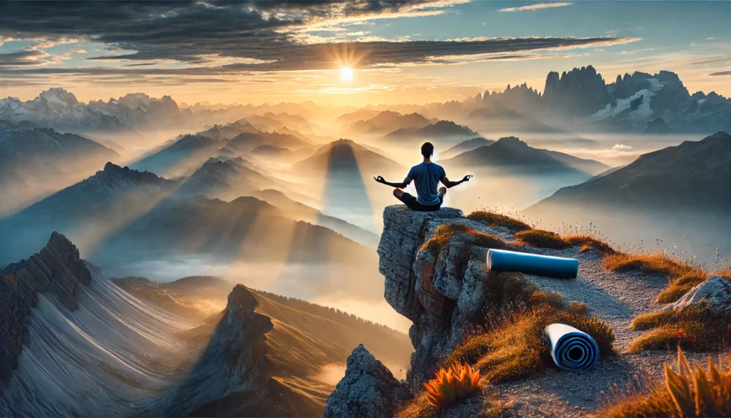  "A serene image of a person practicing yoga on a mountaintop at sunrise, surrounded by breathtaking views of distant peaks and valleys, symbolizing balance and staying motivated through self-care."