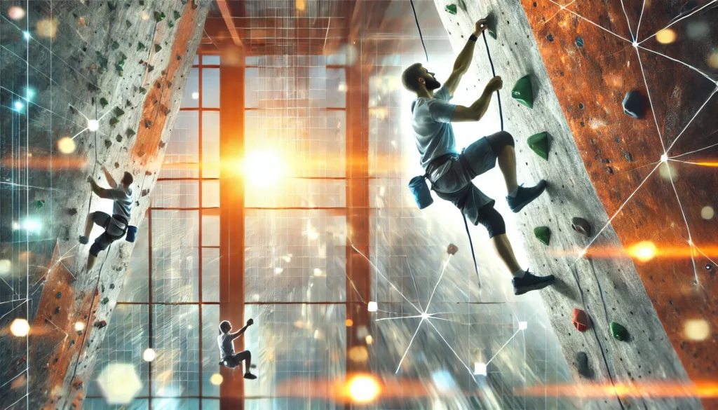 "A dynamic image of a person climbing an indoor rock wall in a bright gym, showcasing determination and the pursuit of staying motivated through challenging tasks."