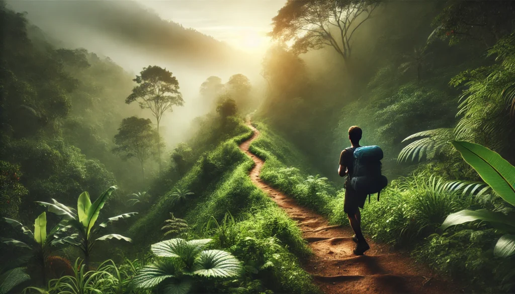 "A serene image of a person hiking up a lush green trail on a misty morning, carrying a backpack, symbolizing the journey of perseverance and staying motivated through challenges."