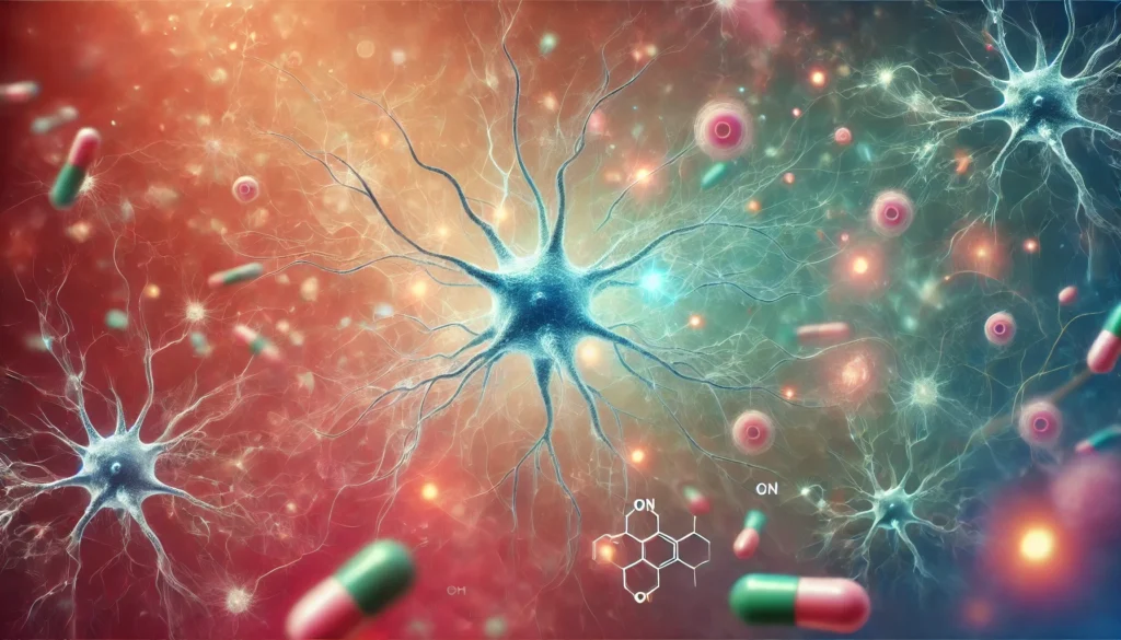 An abstract visualization of neurons with some appearing highly active and glowing, while others are dim and fading, symbolizing the potential effects of Mounjaro on memory and cognitive function. The background blends soft medical hues, representing pharmaceutical influence.