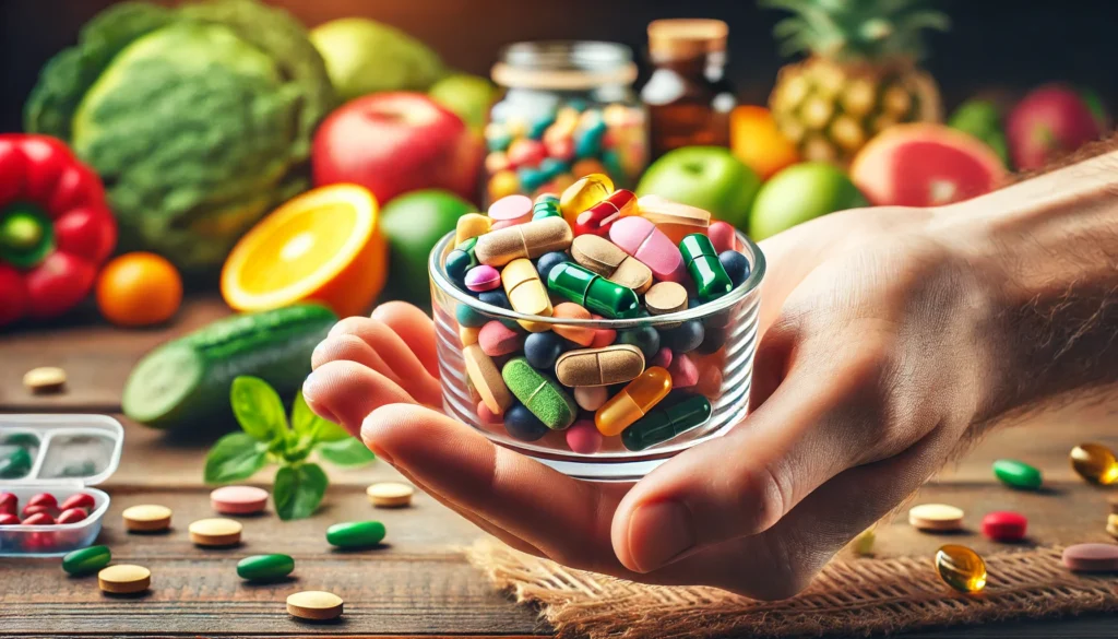 A close-up of a hand holding a small glass dish filled with colorful multivitamin pills and capsules, set against a blurred background of fruits and vegetables, representing the integration of supplements and a healthy diet.