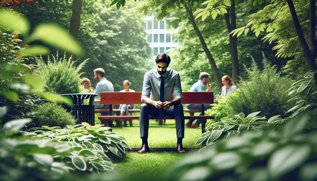 An individual taking a break on a park bench surrounded by greenery, symbolizing the importance of stepping away from work to manage mental health challenges.