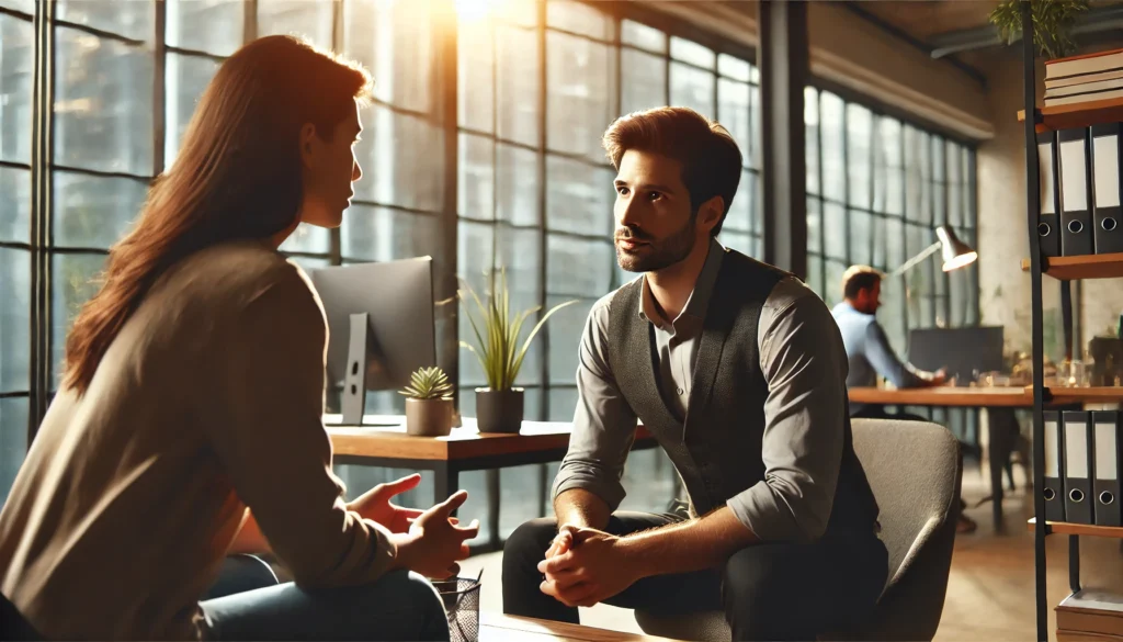 A manager and employee having a supportive and empathetic conversation in a modern office, addressing workplace stress and mental health challenges.