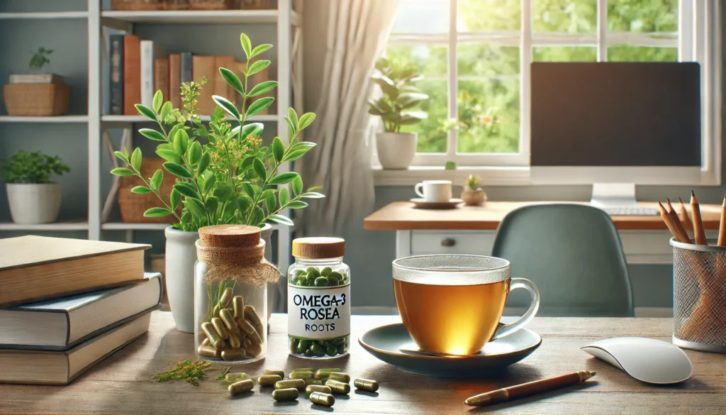 Tranquil home workspace with natural nootropics including a cup of green tea, a bottle of Omega-3 capsules, and Rhodiola Rosea roots on the desk, illuminated by natural sunlight.