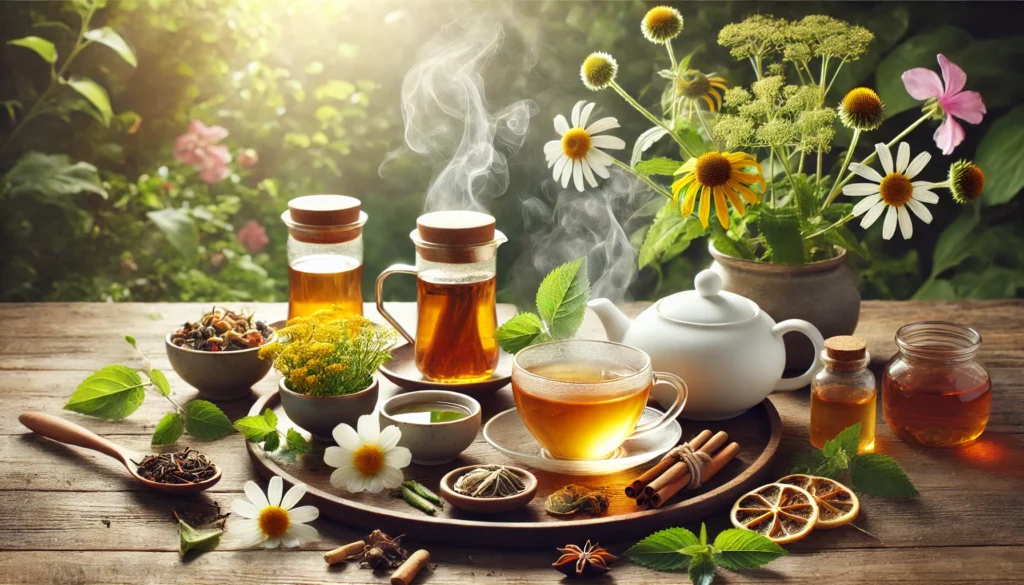 A peaceful tea preparation scene with herbal infusions like lemon balm, ginseng, and chamomile, known for their cognitive benefits. The warm steam rising from the cups symbolizes relaxation and natural support for dementia care.