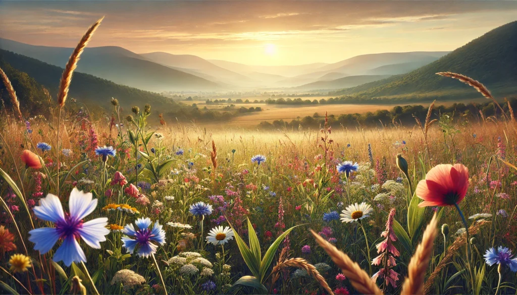 A peaceful meadow filled with vibrant wildflowers, surrounded by hills and bathed in golden sunset light, emphasizing the calming benefits of reducing stress by spending time in nature.