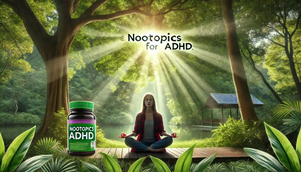 A peaceful outdoor environment with an individual meditating, surrounded by greenery, emphasizing mindfulness and cognitive health with nootropics for ADHD.