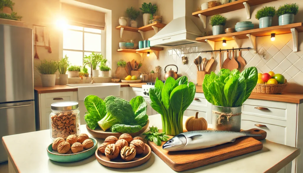 A bright and inviting kitchen scene displaying a selection of nootropic-rich foods like walnuts, leafy greens, and fish, arranged appealingly for ADHD support.