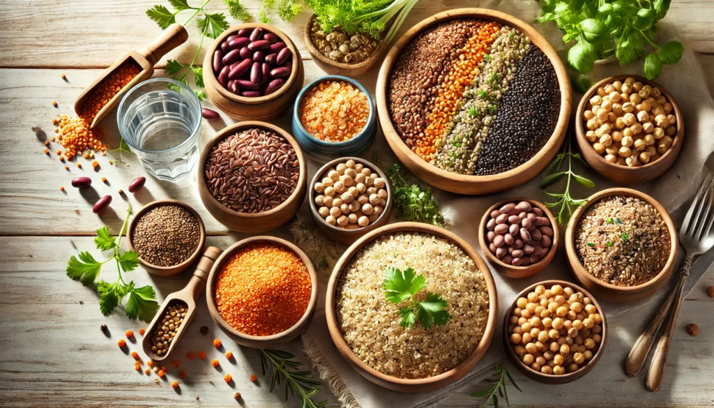 Wide-angle view of whole grains and legumes, including quinoa, brown rice, lentils, chickpeas, and black beans, promoting nervous system health