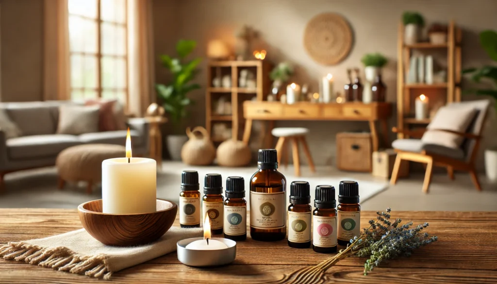 A beautifully arranged collection of essential oil bottles for anxiety and panic attacks, accompanied by a lit candle and a bowl of oil in a cozy, nature-inspired setting.