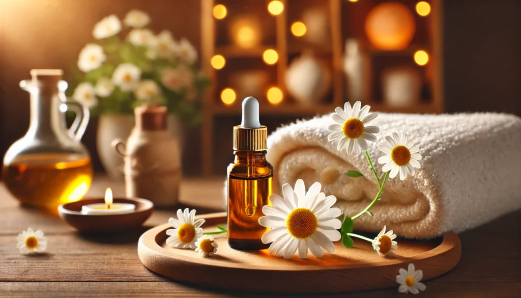 A cozy display of calming aromatherapy oils with chamomile essential oil, a wooden dropper bottle, fresh chamomile flowers, and a soft white towel, evoking a tranquil ambiance.