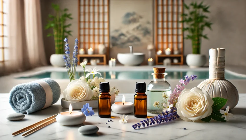 Calming spa setup with lavender and chamomile essential oil bottles, fresh flowers, and candles on a white marble countertop in a zen-inspired indoor setting with bamboo and pebbles.