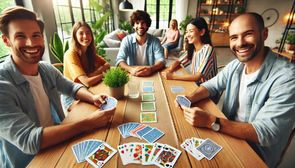 A group of friends playing a matching pairs card game at a wooden table, with colorful cards and a bright dining area featuring indoor plants and natural light, highlighting pairs game.