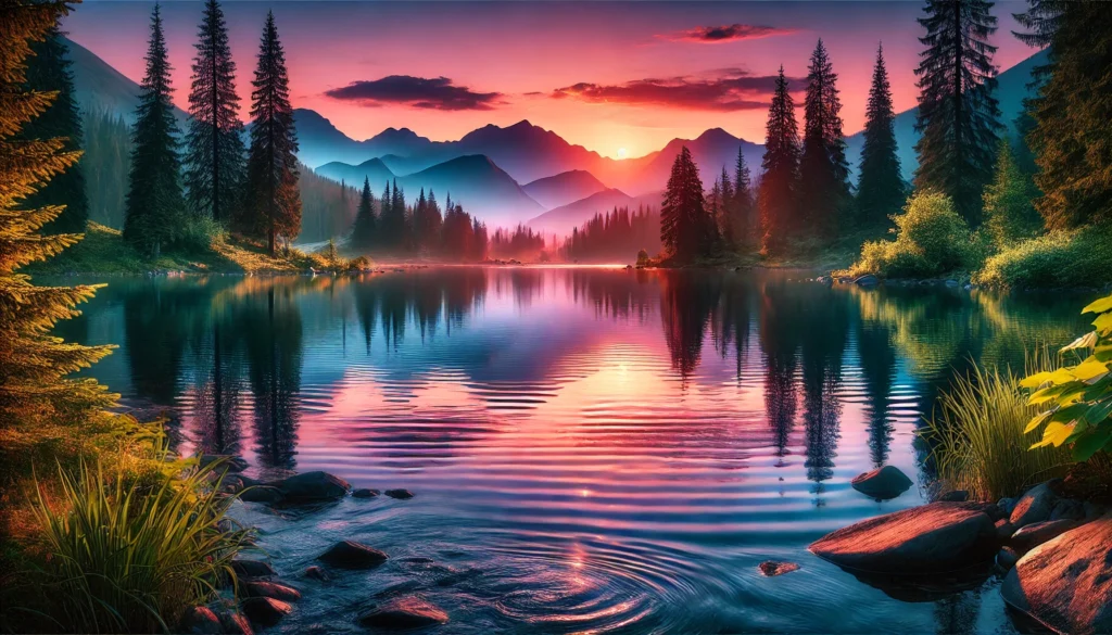 A peaceful mountain lake at sunset, with calm waters reflecting vibrant sky colors, surrounded by pine trees and majestic peaks, evoking stillness and relaxation."