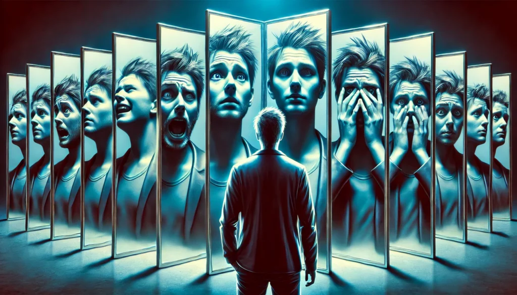 A person standing before multiple distorted mirror reflections, illustrating how anxiety distorts self-perception and induces cognitive confusion