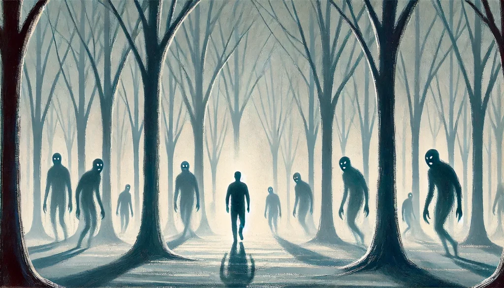 A solitary figure navigating a foggy forest surrounded by shadowy thoughts, symbolizing the link between anxiety, intrusive thoughts, and mental fog