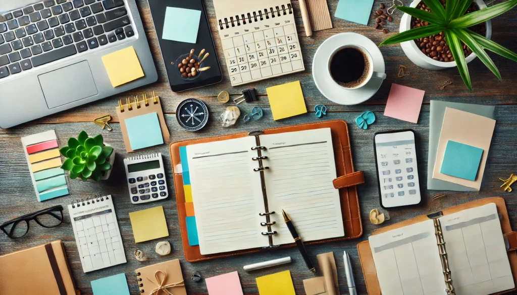 A well-organized workspace with a planner, sticky notes, and a cup of coffee, representing goal planning and productivity